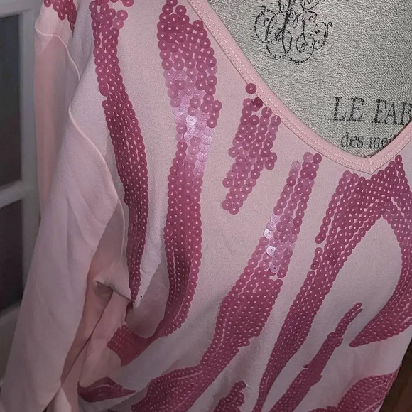 Quacker Factory Womens Light Pink Embellished Seguin Long Sleeve Shirt Top Large - Picture 3 of 5